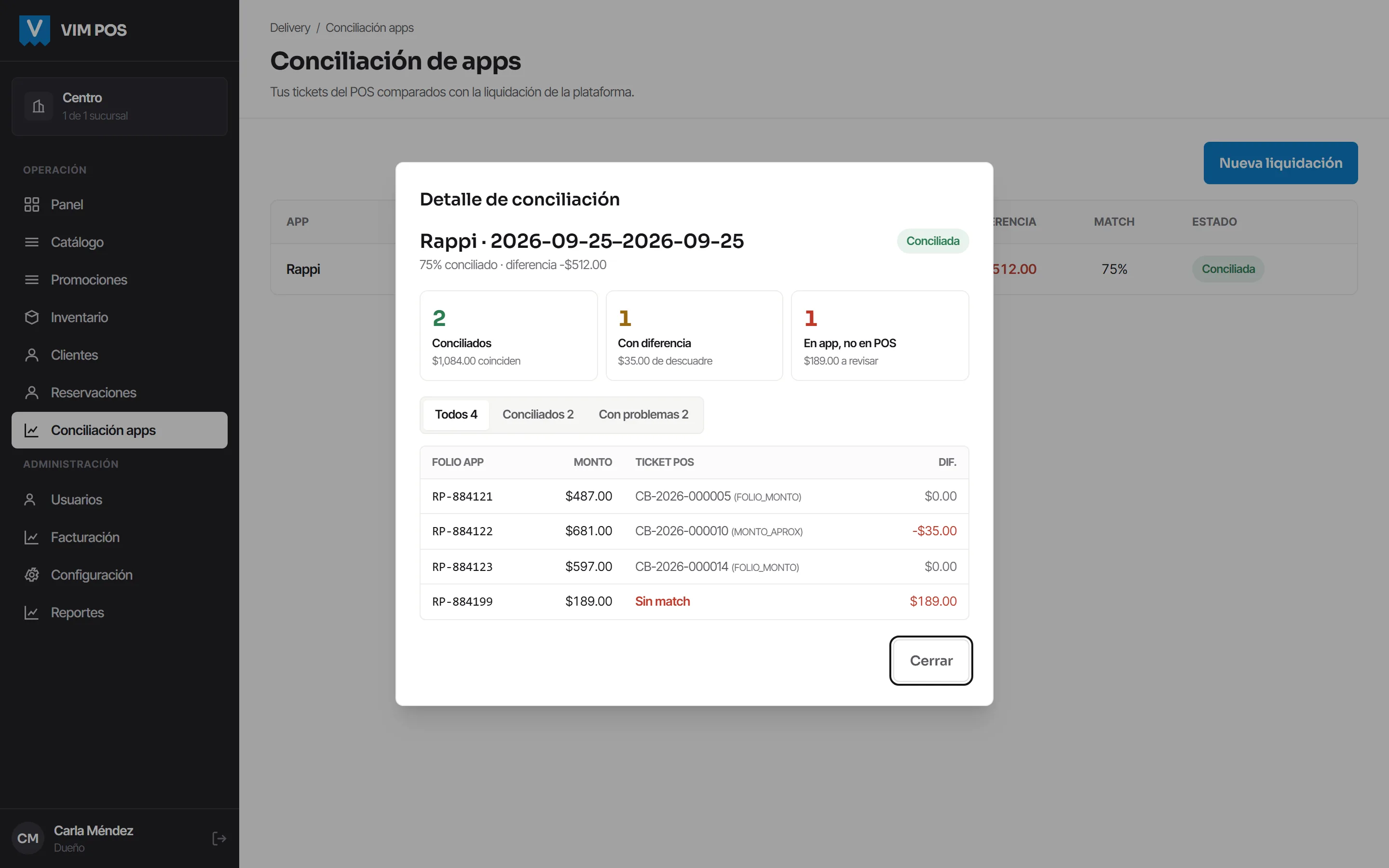 Pantalla de conciliación de apps con la diferencia por pedido.