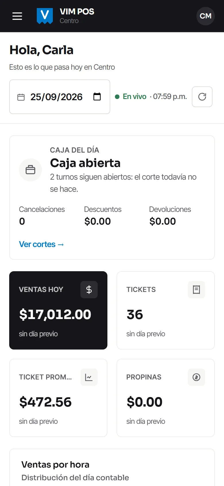 El panel del dueño en un celular.