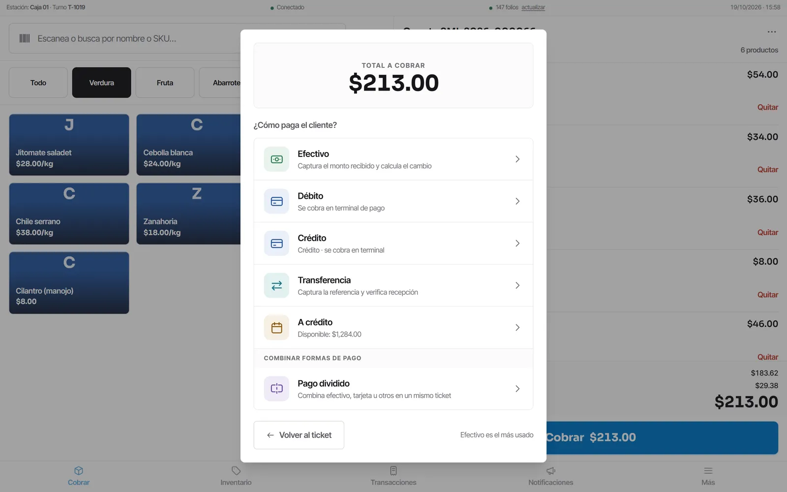 Las formas de pago con la opción a crédito y lo que le queda disponible al cliente.