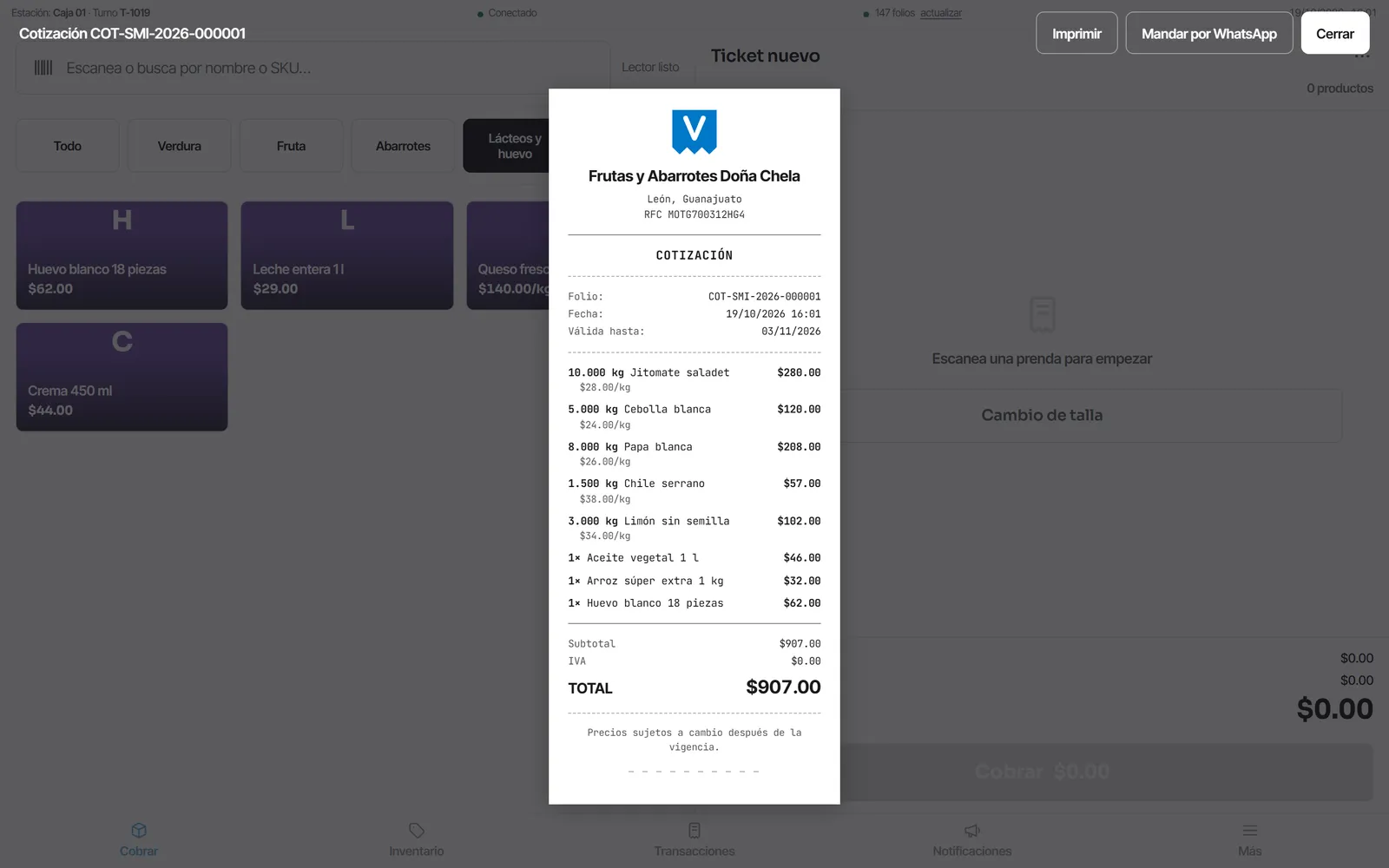 Una cotización recién guardada en la caja, con su folio y los botones para imprimirla o mandarla por WhatsApp.