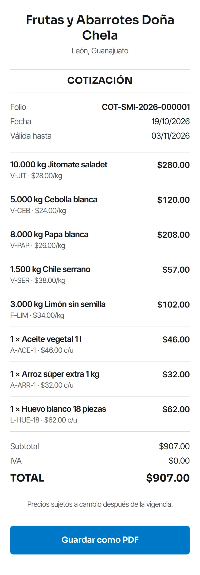 La cotización abierta en un celular, con sus productos, sus unidades y su vigencia.