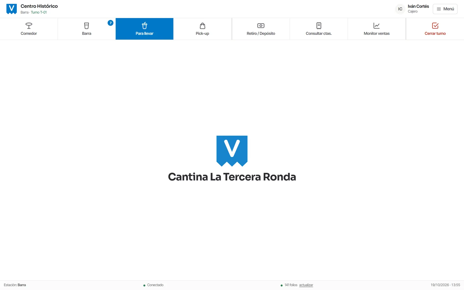 El inicio de la caja con los accesos a comedor y a barra, con las cuentas abiertas.