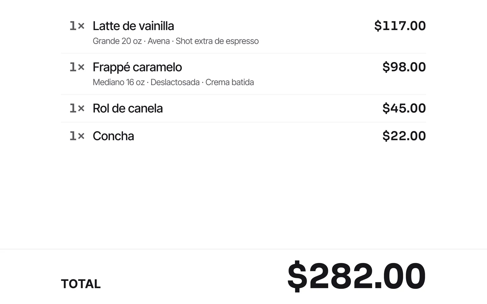 La pantalla que ve el cliente con su pedido, renglón por renglón, y el total.