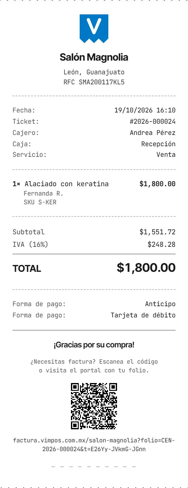 Ticket de una cita con el nombre de quien atendió y sus formas de pago.
