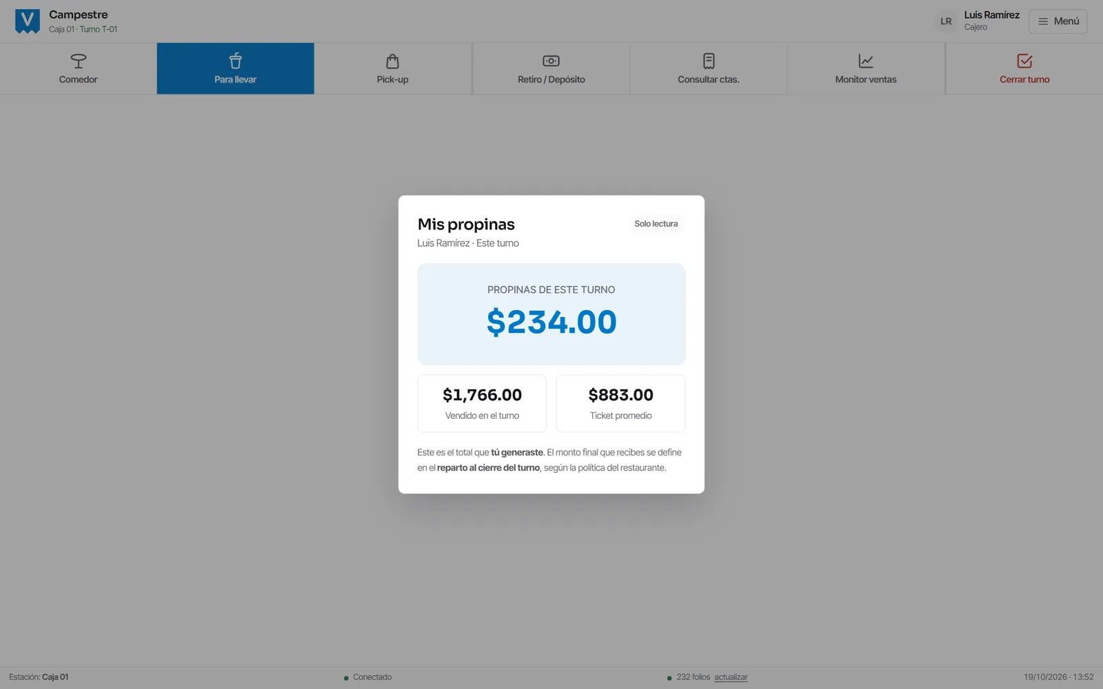 Las propinas de un mesero en su turno, con lo que vendió y su ticket promedio.
