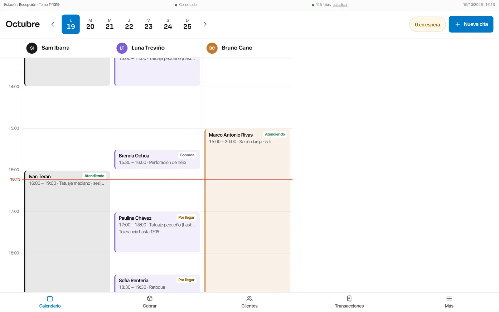 El calendario del estudio con las sesiones de tres artistas, de varias horas cada una.
