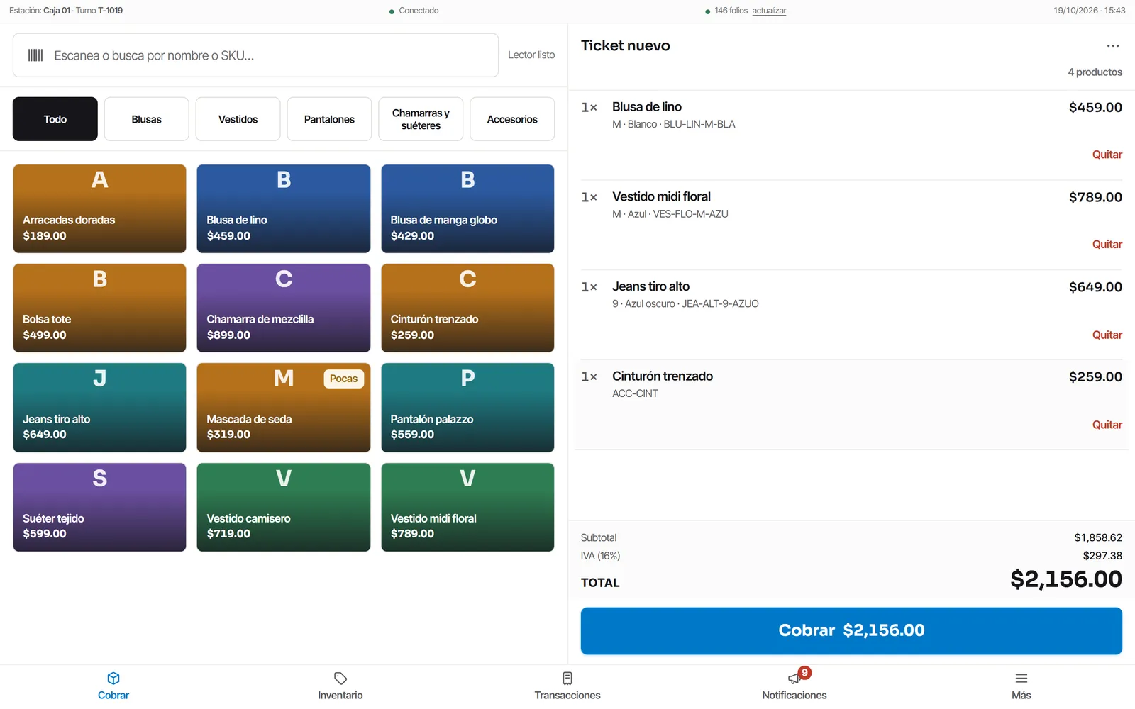 Un ticket con prendas escaneadas, cada una con su talla, color y código.