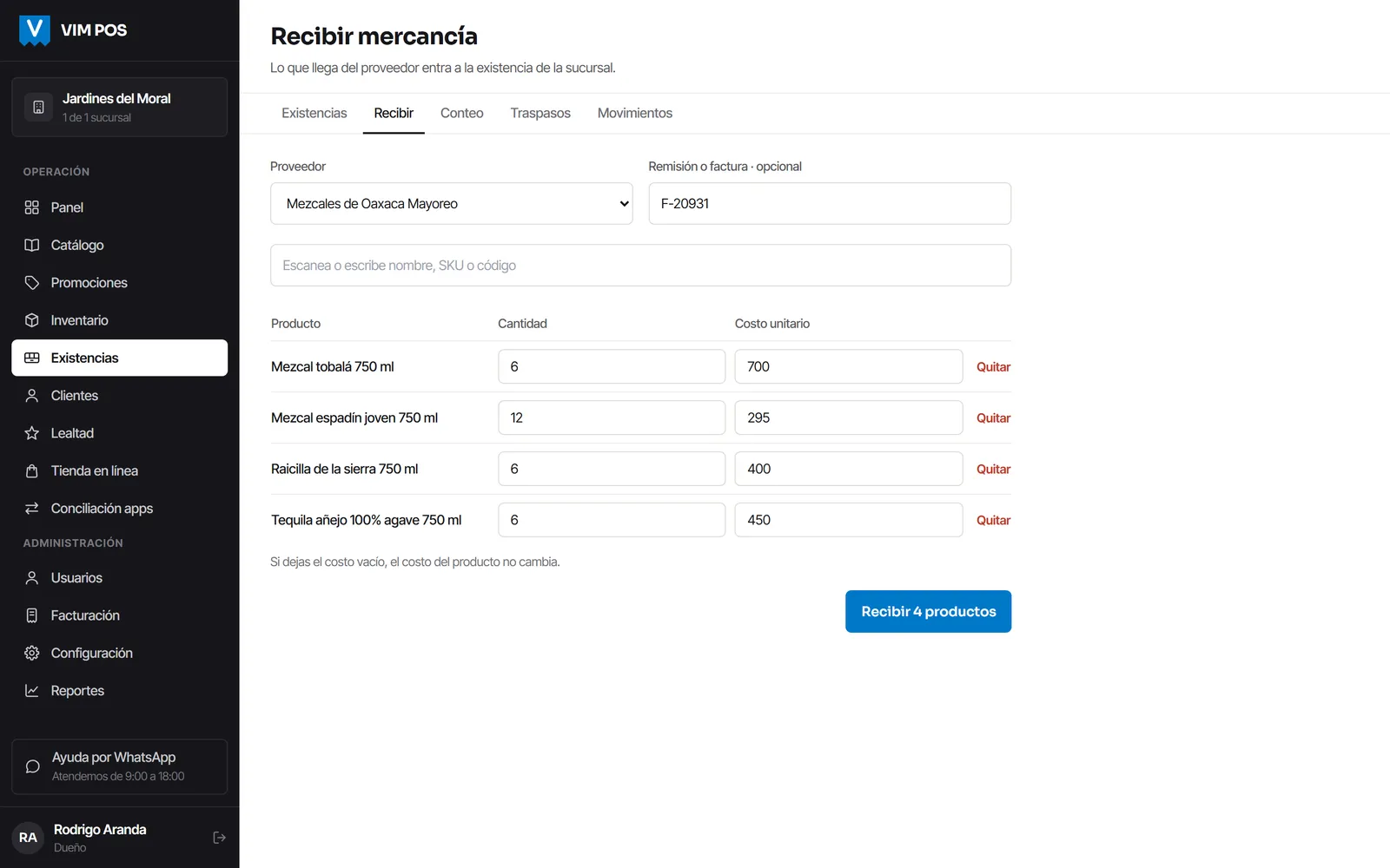 Recibir mercancía en el panel: proveedor, factura y cada producto con su cantidad y su costo.