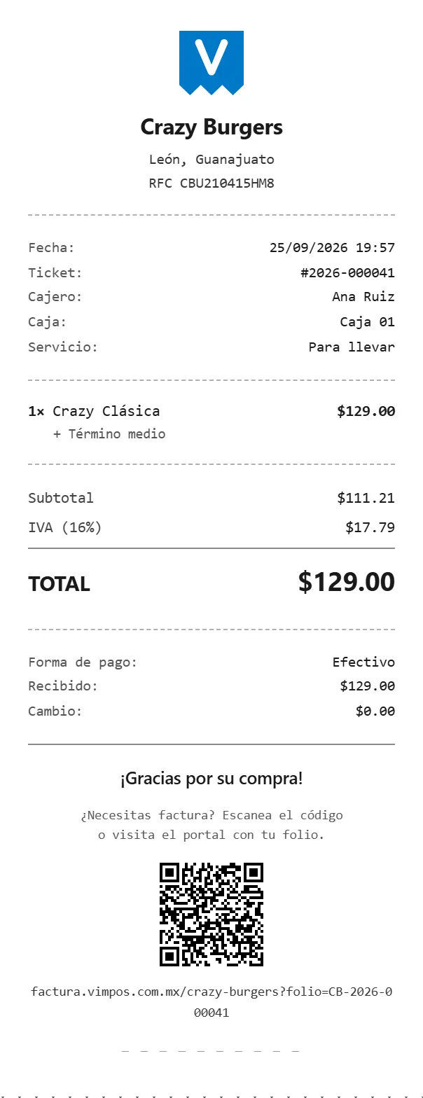 Ticket impreso de una venta con el código QR para facturar al pie: negocio, folio, cajero, el producto con su modificador, subtotal, IVA, total y cambio.