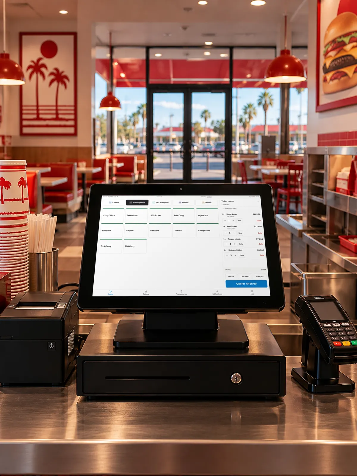 Mostrador de una hamburguesería con VIM POS en el monitor, la impresora de tickets, el cajón y la terminal de pago.